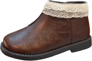 Toddler Kids Girls Solid Leather Ankle Boots with Lace Hem Platform Anti Slip Side Zipper Classic Dress Shoes