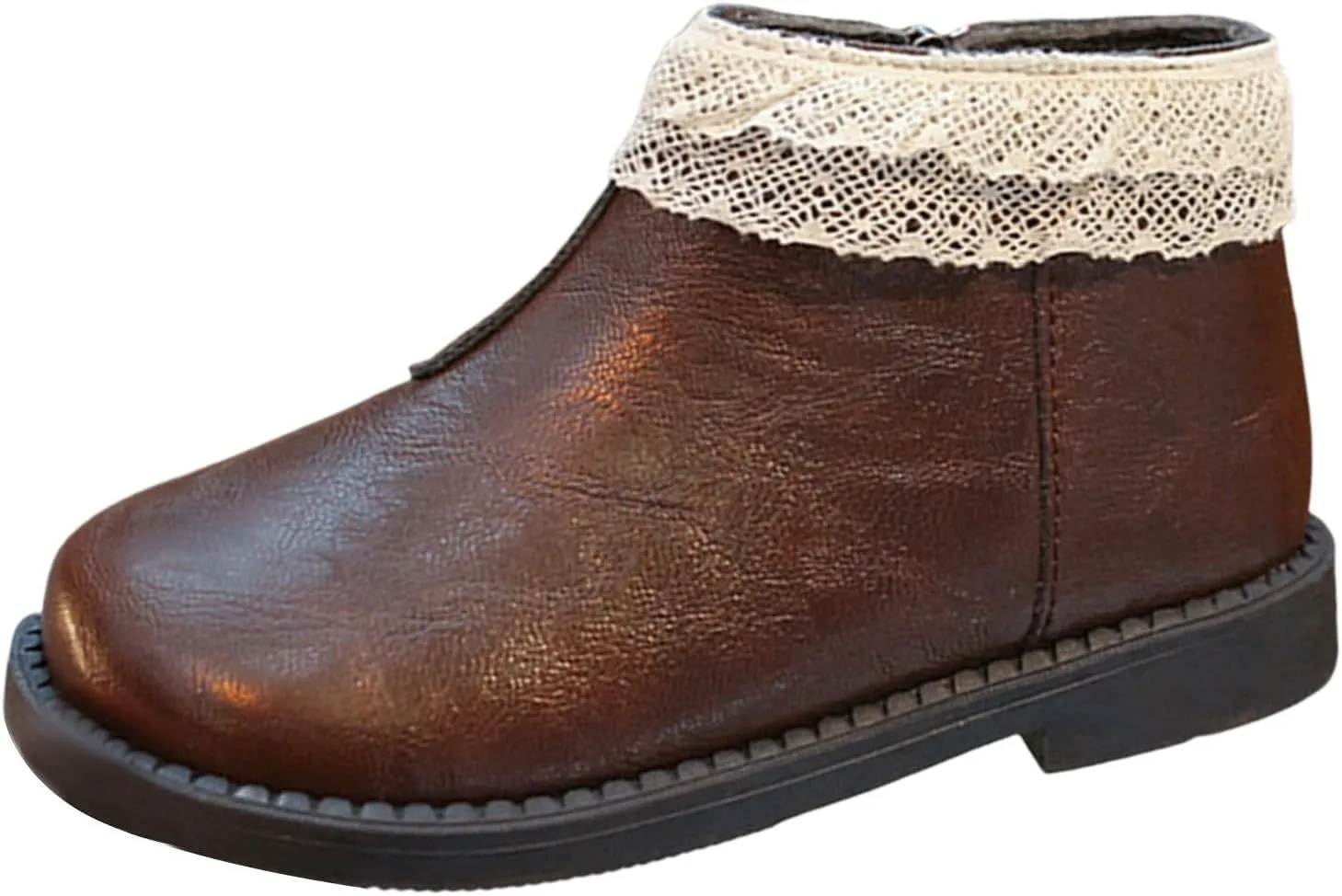 Toddler Kids Girls Solid Leather Ankle Boots with Lace Hem Platform Anti Slip Side Zipper Classic Dress Shoes