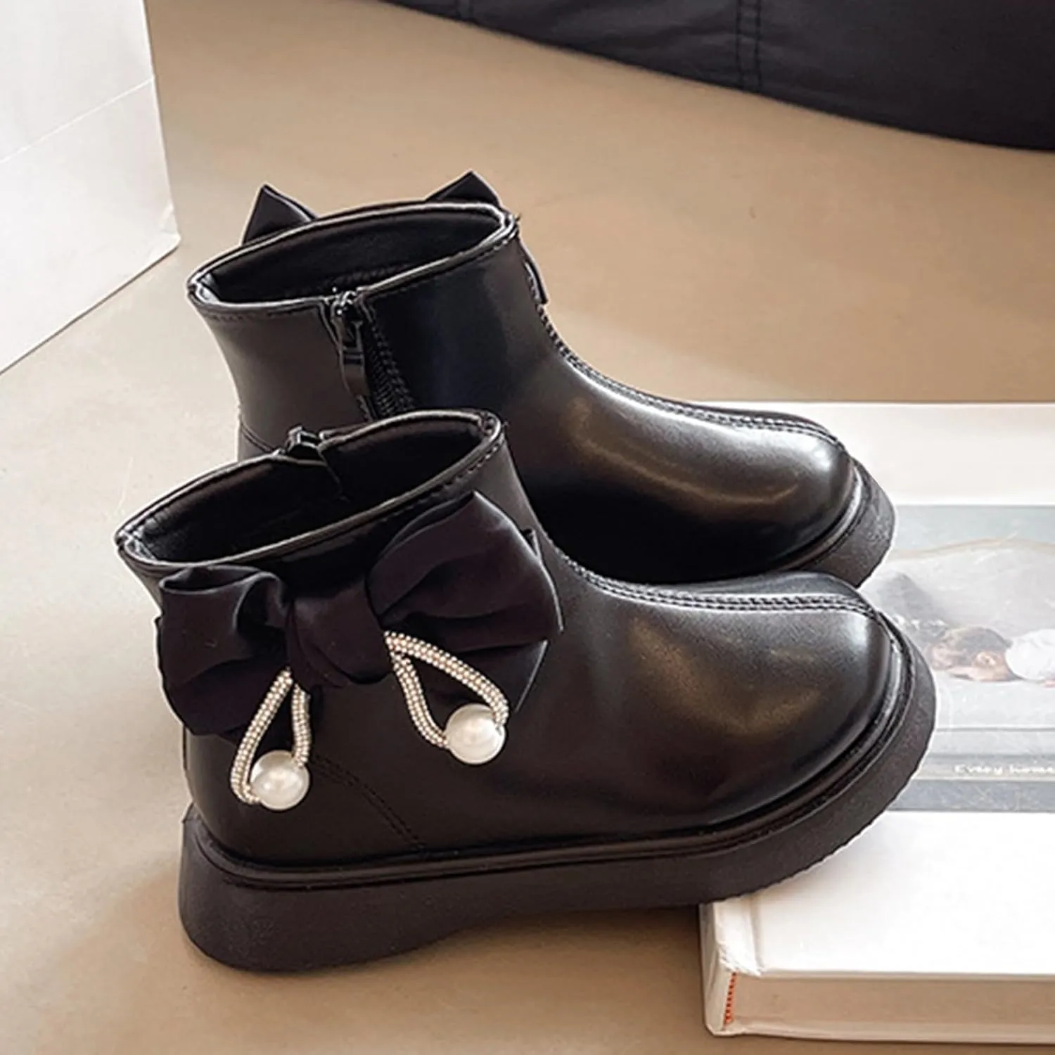 Toddler/Little Girls Short Ankle Boots Kids Cute Sweet Bowknot Water-Proof Side Zipper Solid Flat Dress Booties