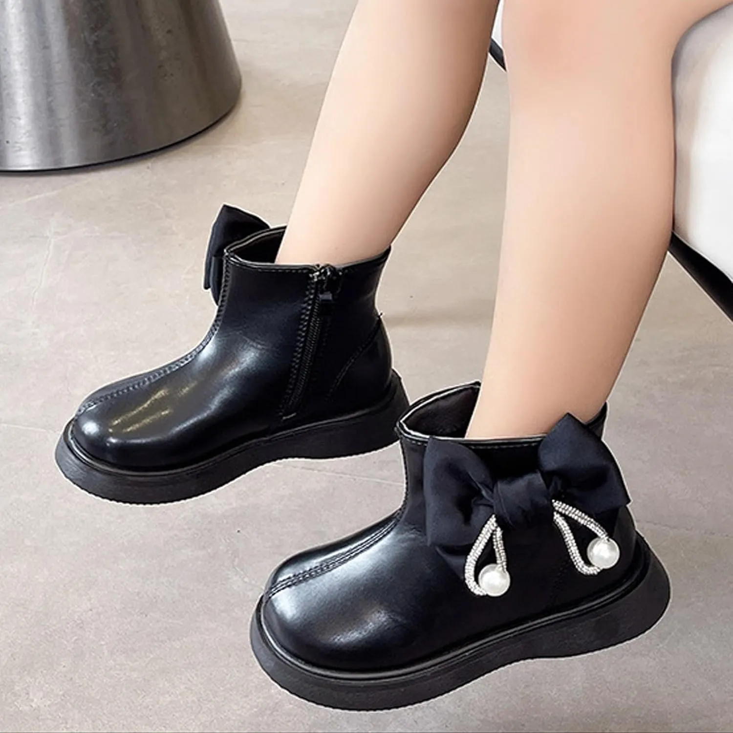 Toddler/Little Girls Short Ankle Boots Kids Cute Sweet Bowknot Water-Proof Side Zipper Solid Flat Dress Booties