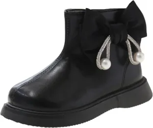 Toddler/Little Girls Short Ankle Boots Kids Cute Sweet Bowknot Water-Proof Side Zipper Solid Flat Dress Booties