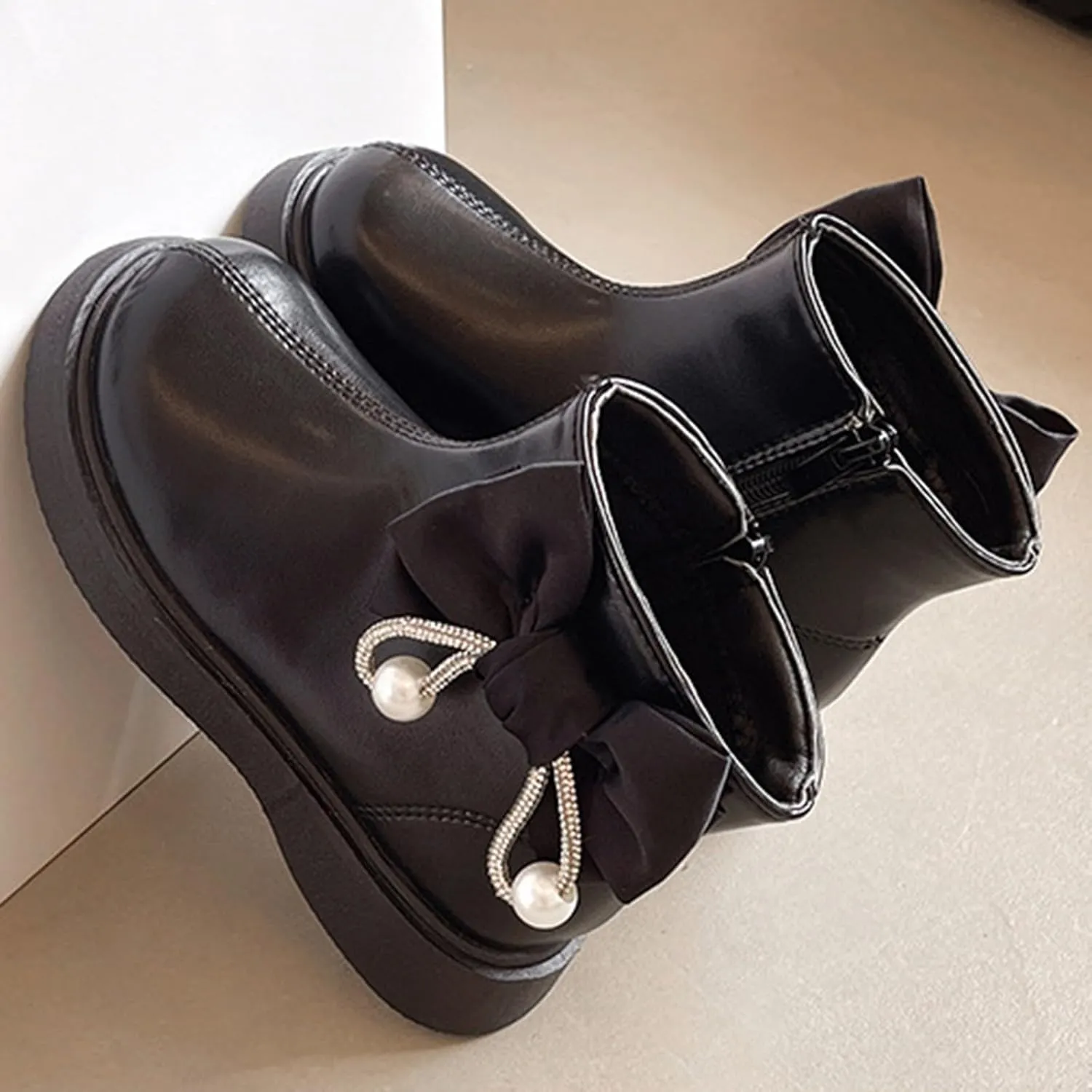 Toddler/Little Girls Short Ankle Boots Kids Cute Sweet Bowknot Water-Proof Side Zipper Solid Flat Dress Booties