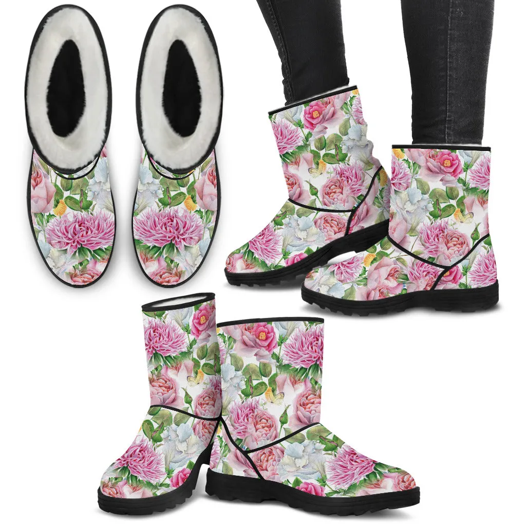 Watercolor Floral Women's Faux Fur Boots