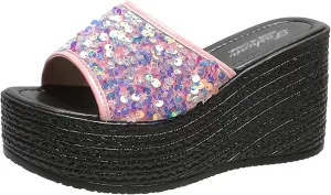 WENOREG Women's Sequined Slip-On Platform Wedge Sandals,Summer Fashion Fish Mouth Open Toe Dress Beach Shoes Indoor Outdoor Comfortable Slipper Platform Sandals