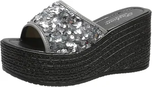 WENOREG Women's Sequined Slip-On Platform Wedge Sandals,Summer Fashion Fish Mouth Open Toe Dress Beach Shoes Indoor Outdoor Comfortable Slipper Platform Sandals