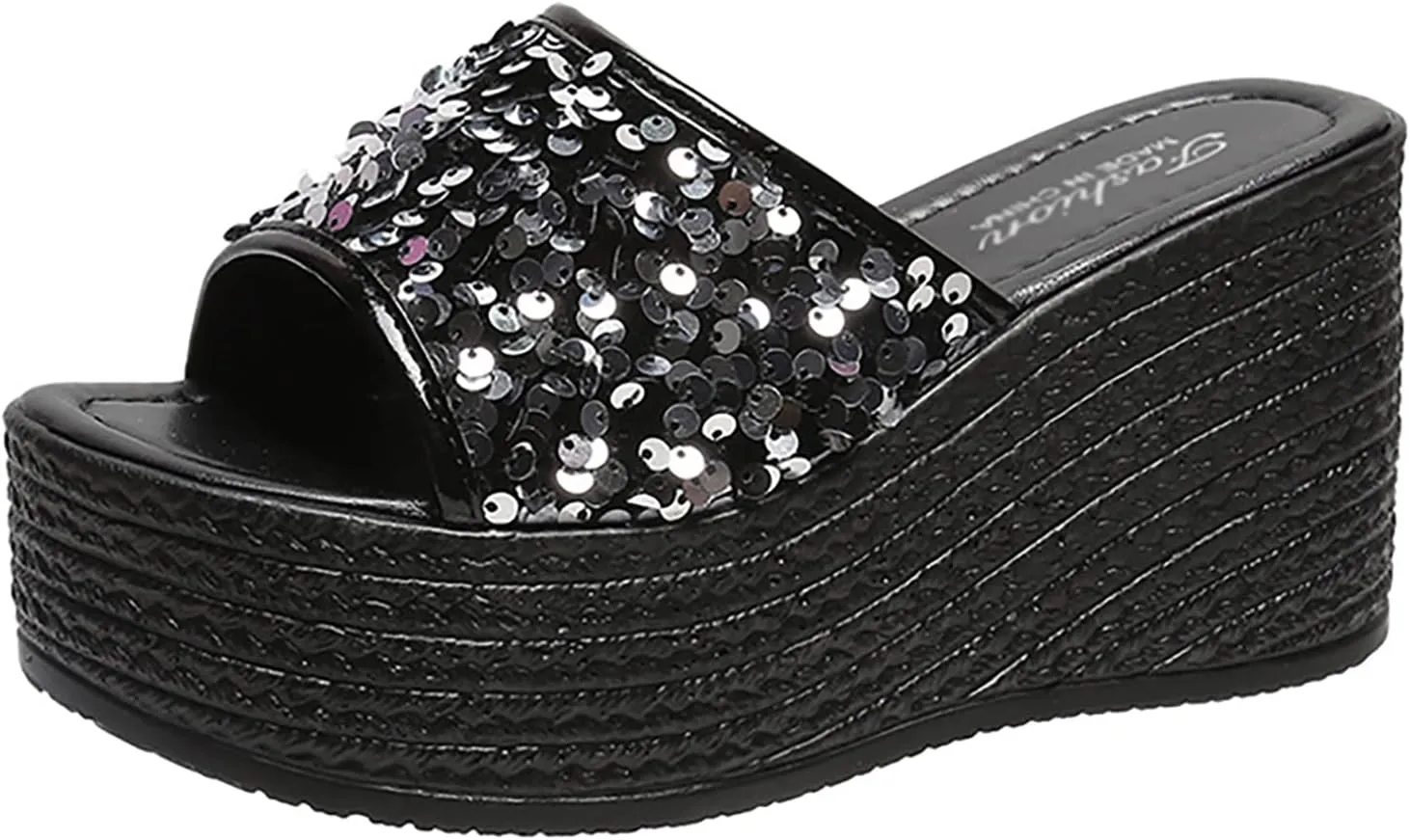 WENOREG Women's Sequined Slip-On Platform Wedge Sandals,Summer Fashion Fish Mouth Open Toe Dress Beach Shoes Indoor Outdoor Comfortable Slipper Platform Sandals
