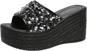 WENOREG Women's Sequined Slip-On Platform Wedge Sandals,Summer Fashion Fish Mouth Open Toe Dress Beach Shoes Indoor Outdoor Comfortable Slipper Platform Sandals