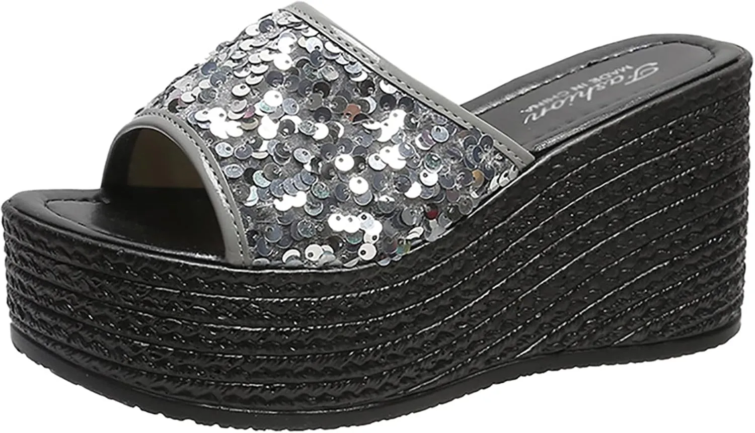 WENOREG Women's Sequined Slip-On Platform Wedge Sandals,Summer Fashion Fish Mouth Open Toe Dress Beach Shoes Indoor Outdoor Comfortable Slipper Platform Sandals