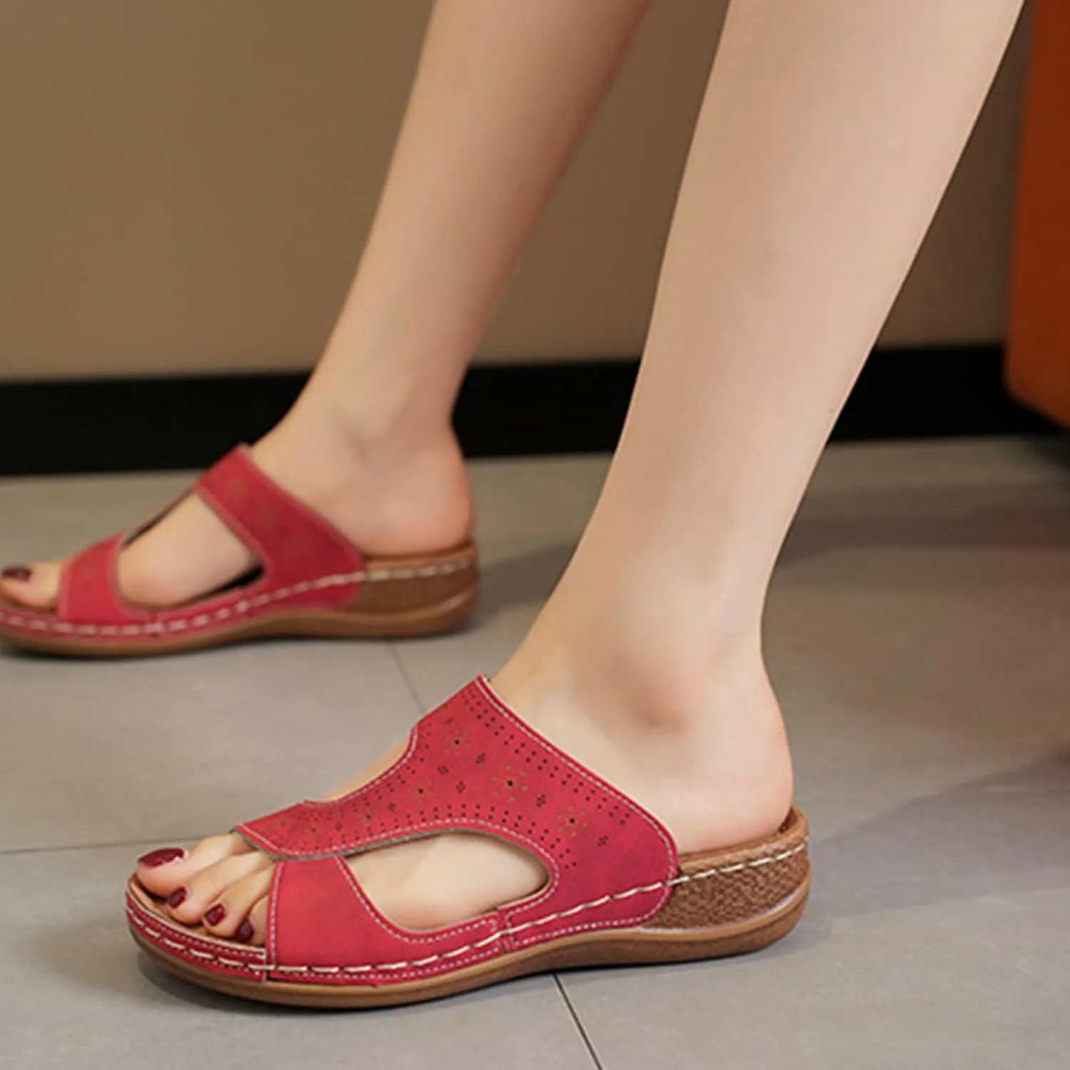 Wide Width Sandals for Women Leather Round Open Toe Slippers Hollow Out Slip On Slippers Breathable Arch Support Wedges Sandals Beach Summer Shoes
