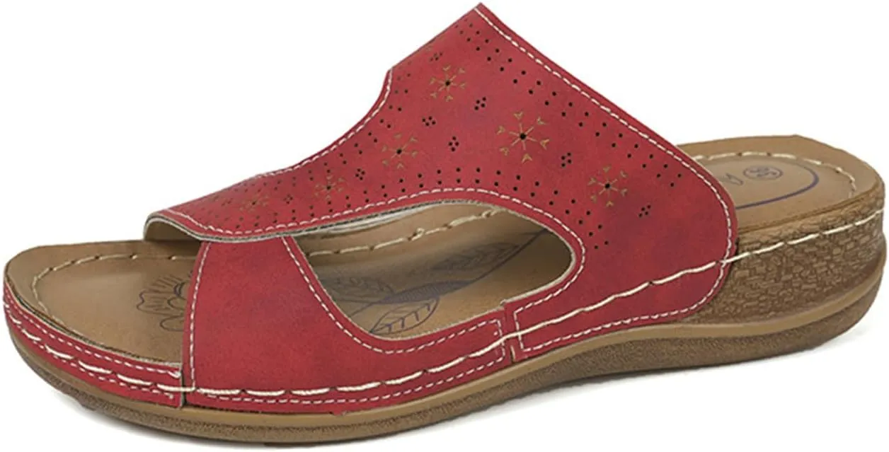 Wide Width Sandals for Women Leather Round Open Toe Slippers Hollow Out Slip On Slippers Breathable Arch Support Wedges Sandals Beach Summer Shoes