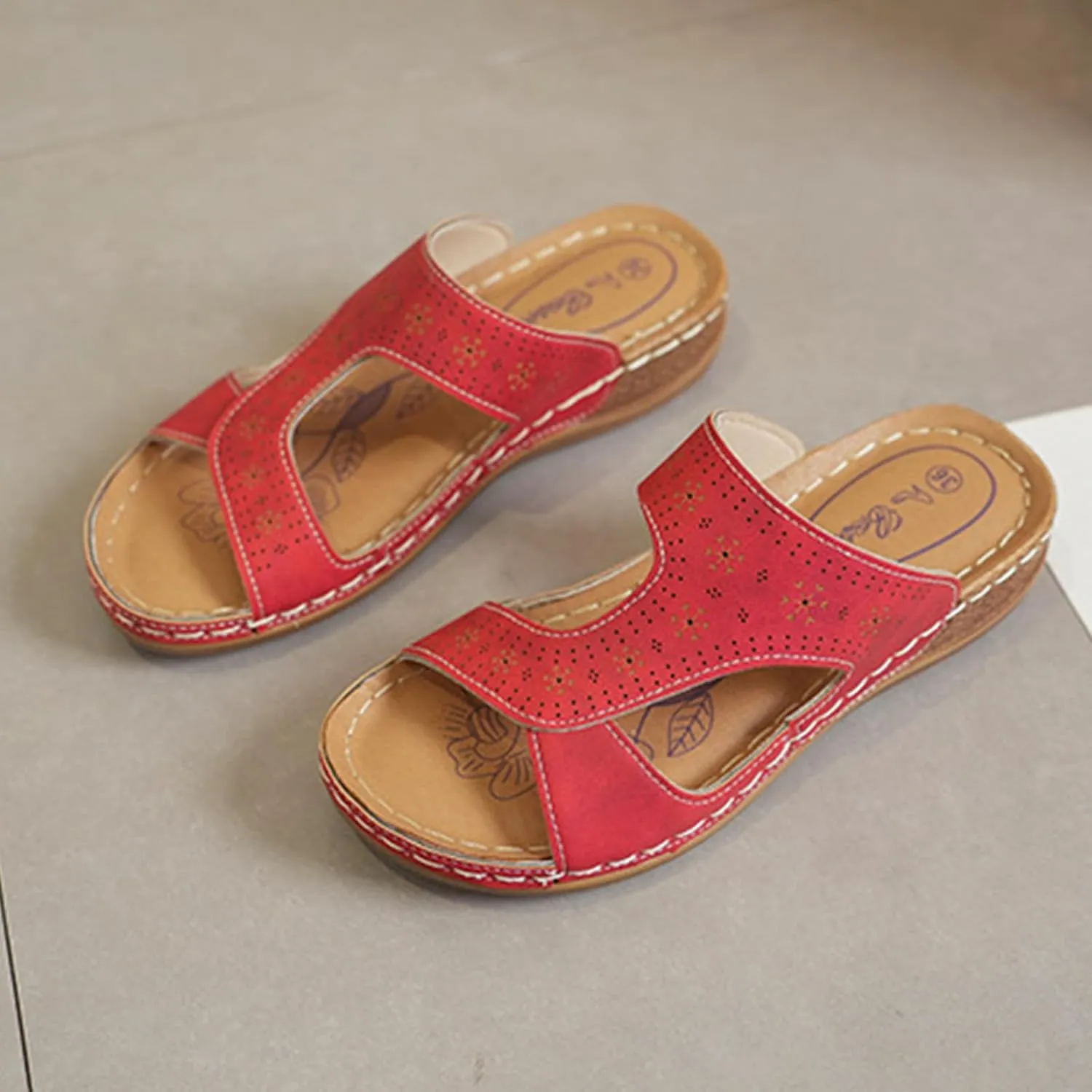 Wide Width Sandals for Women Leather Round Open Toe Slippers Hollow Out Slip On Slippers Breathable Arch Support Wedges Sandals Beach Summer Shoes