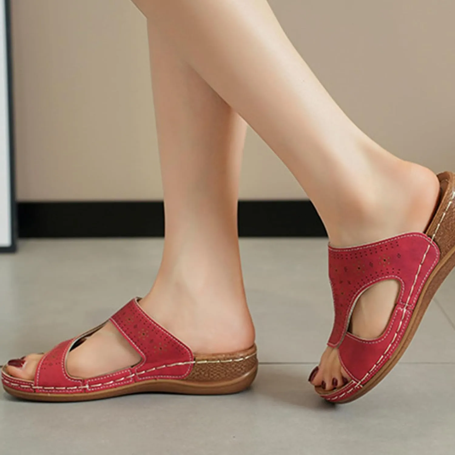 Wide Width Sandals for Women Leather Round Open Toe Slippers Hollow Out Slip On Slippers Breathable Arch Support Wedges Sandals Beach Summer Shoes