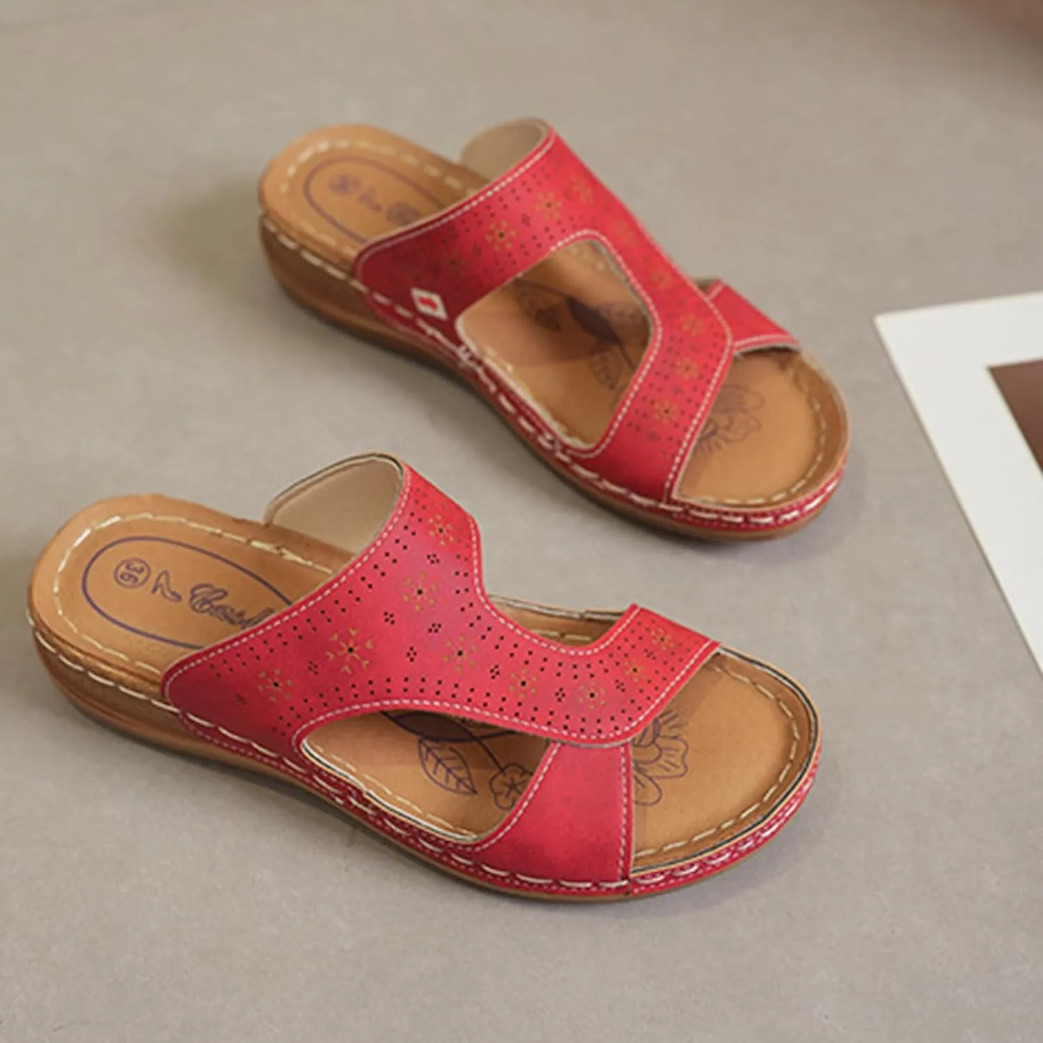 Wide Width Sandals for Women Leather Round Open Toe Slippers Hollow Out Slip On Slippers Breathable Arch Support Wedges Sandals Beach Summer Shoes