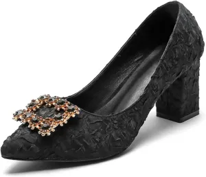 WOilERQ Women's Waterproof Platform Sandals Closed Toe Chunky Block High Heel Pointed Tip Shallow Mouth Square Buckle High Heel Classic Dress Office Shoes,Black,44
