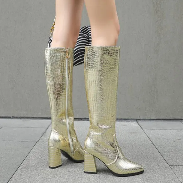 Women crocodile pattern chunky heel pointed toe knee high boots