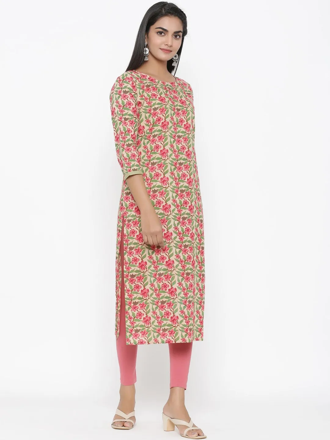 Women Green & Pink Straight Kurta