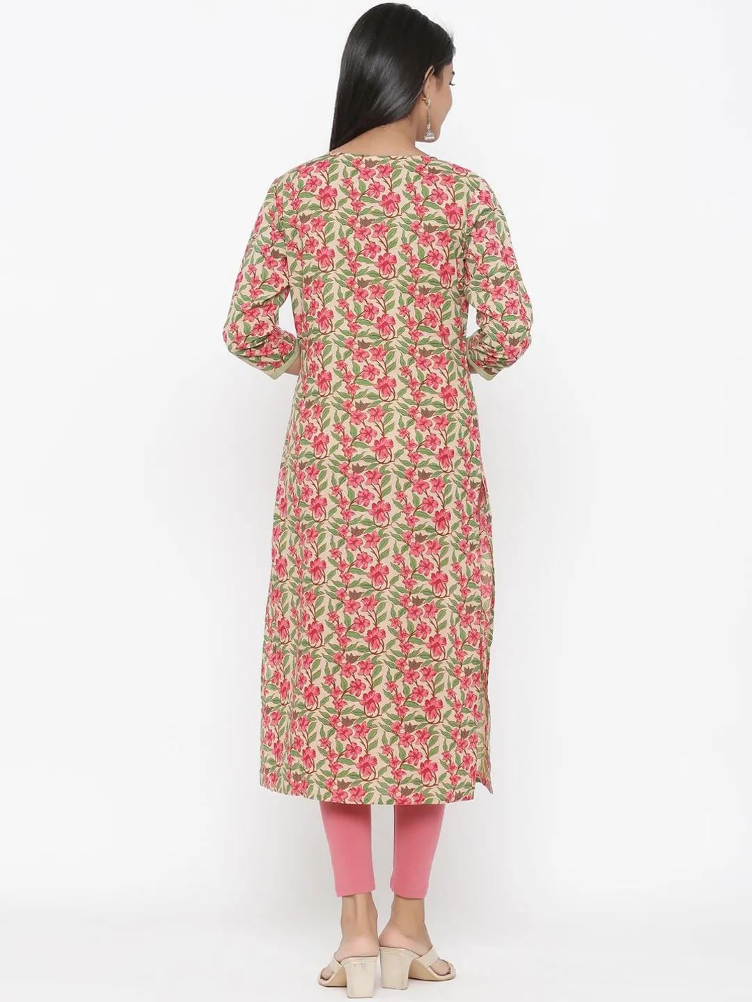 Women Green & Pink Straight Kurta