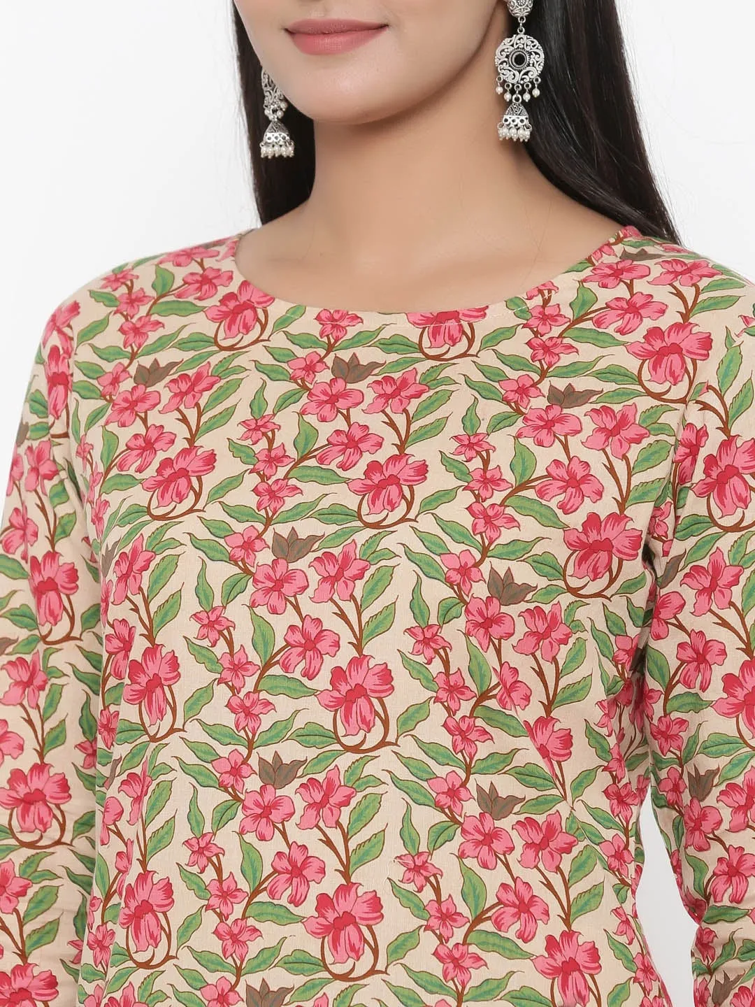 Women Green & Pink Straight Kurta