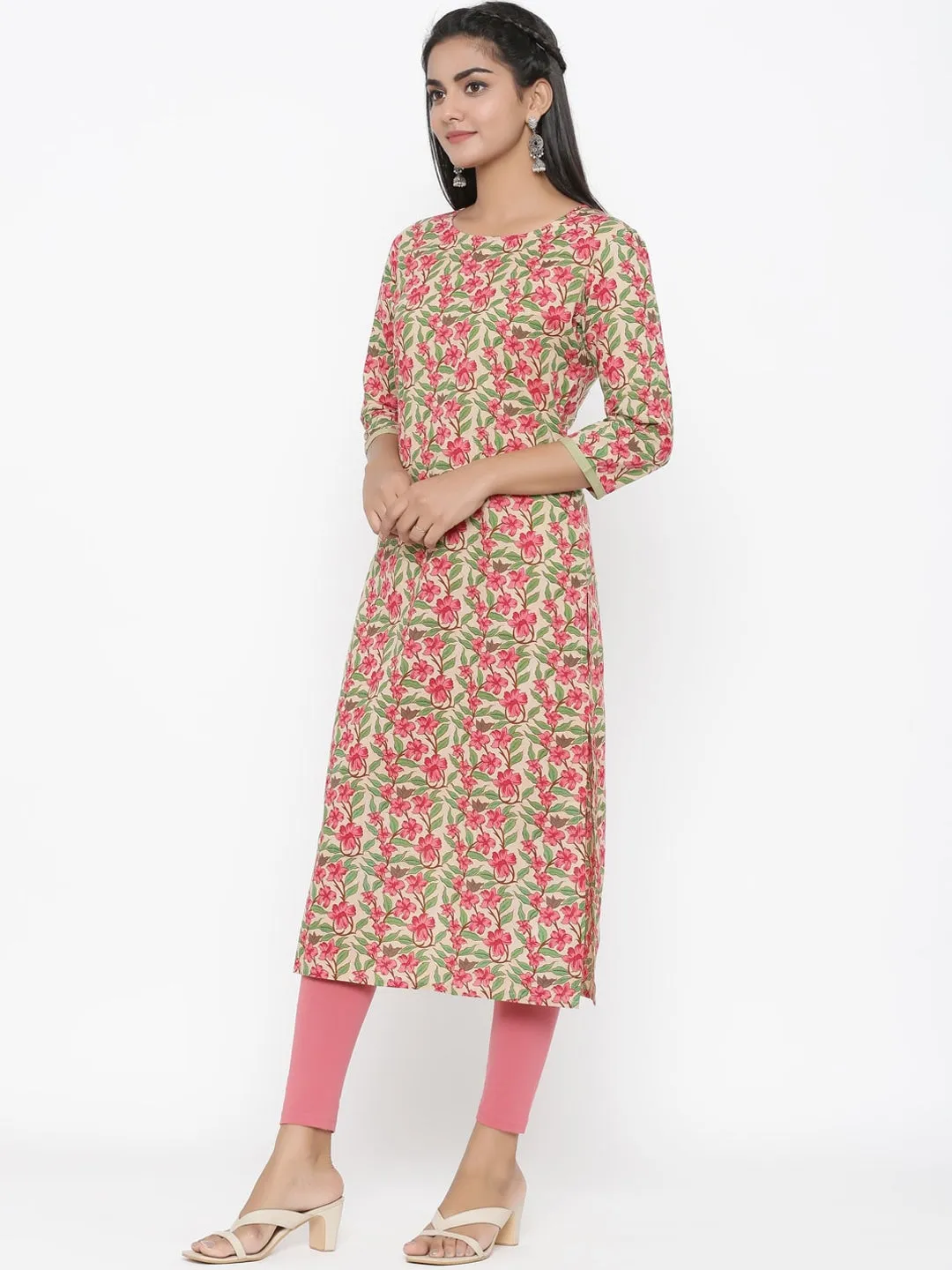 Women Green & Pink Straight Kurta