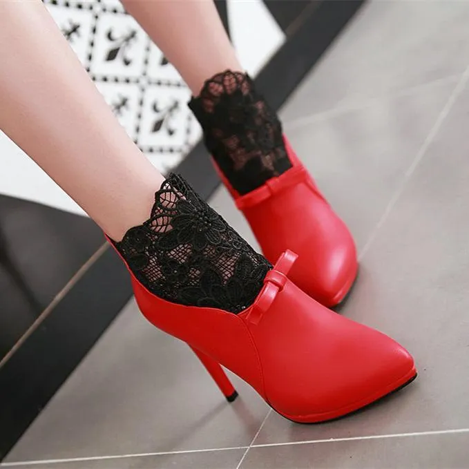 Women lace flower stiletto high heel back zipper ankle boots