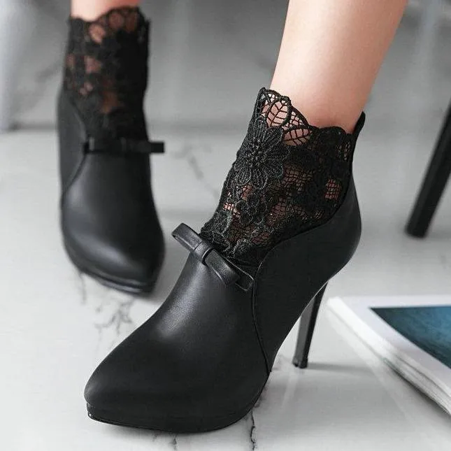 Women lace flower stiletto high heel back zipper ankle boots