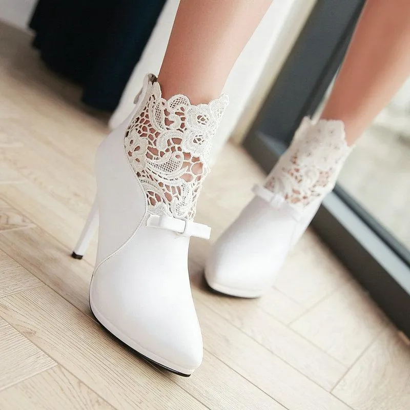 Women lace flower stiletto high heel back zipper ankle boots