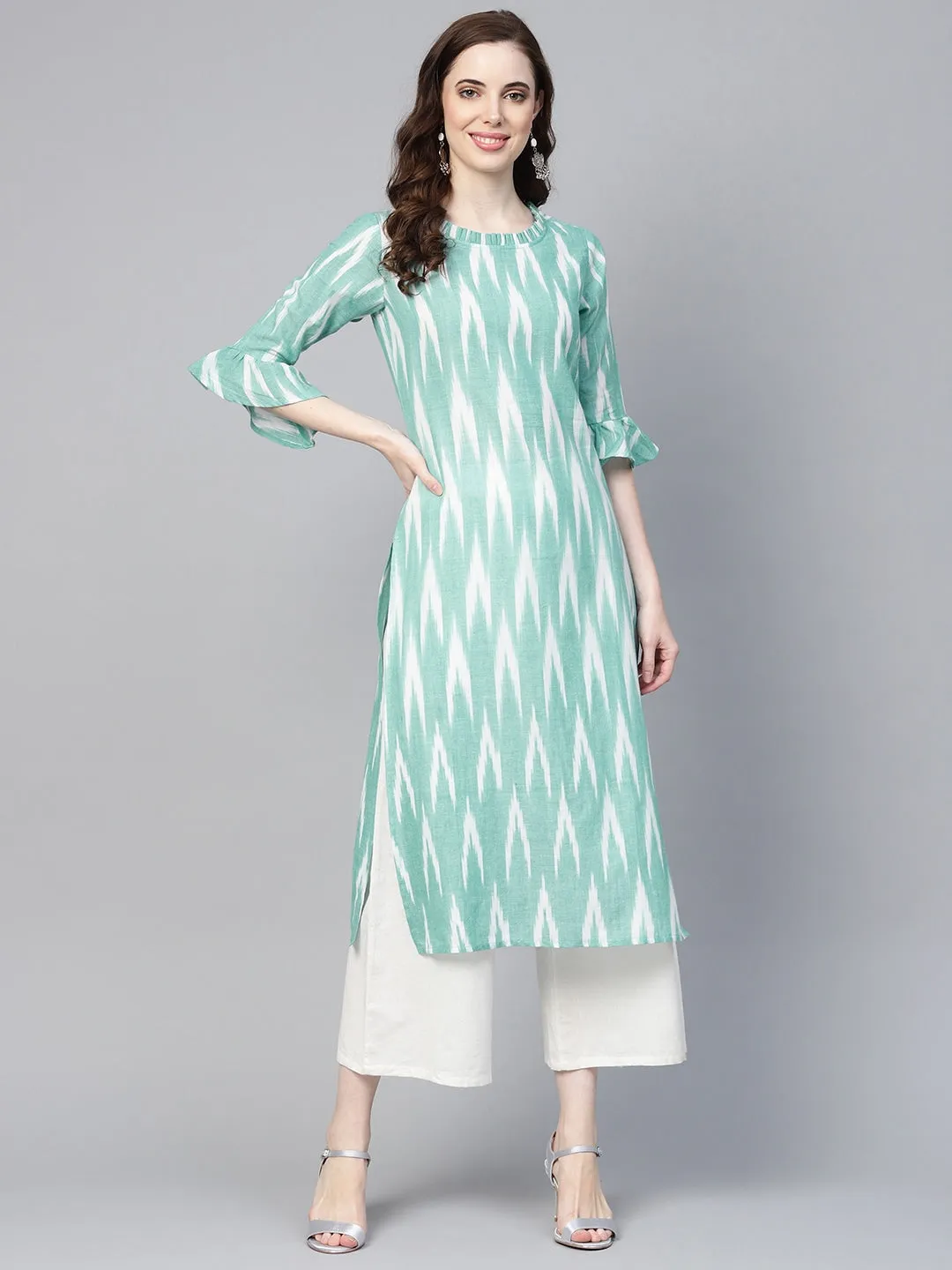 Women Turquoise Blue & White Straight Kurta