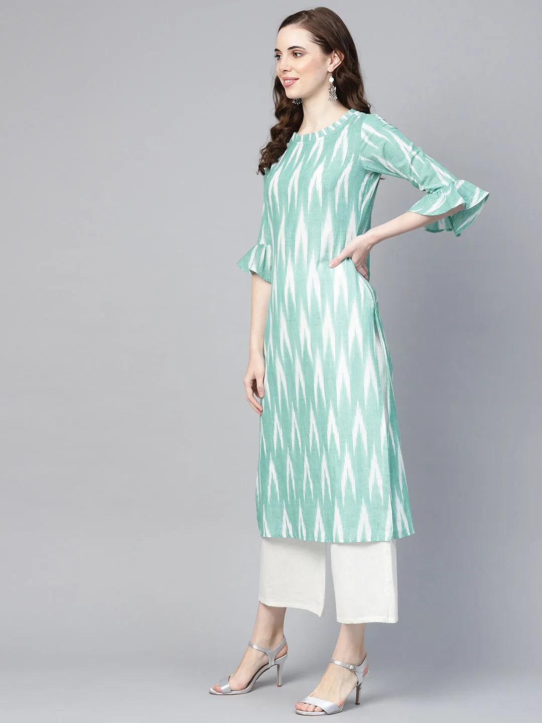 Women Turquoise Blue & White Straight Kurta