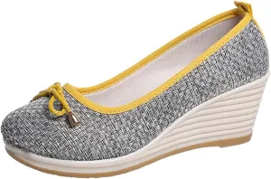 Women Wedge Pumps Closed Toe Low Heel Dress Shoes Slip On Wedges Shoes Casual Canvas for Women (Grey, 9)