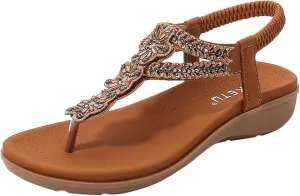 Women's Bohemia Sequins T-strap Flat Sandals Summer Comfortable Flip Flops Beach Thong Sandal Elastic Dress Shoes