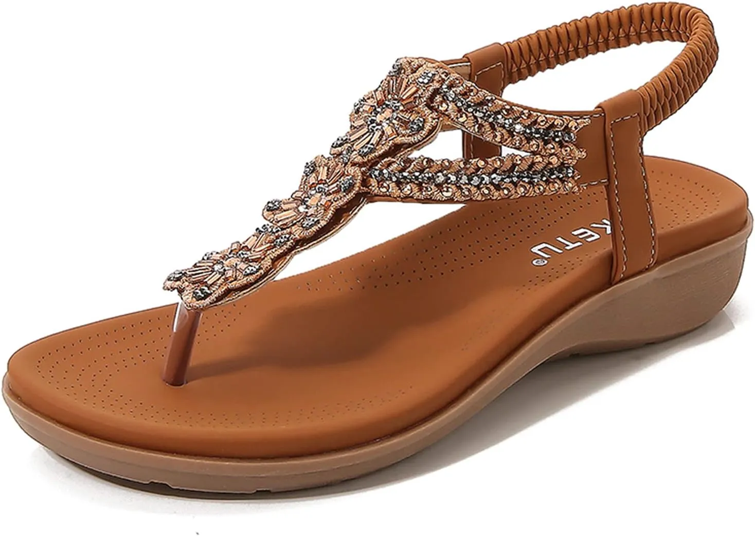 Women's Bohemia Sequins T-strap Flat Sandals Summer Comfortable Flip Flops Beach Thong Sandal Elastic Dress Shoes