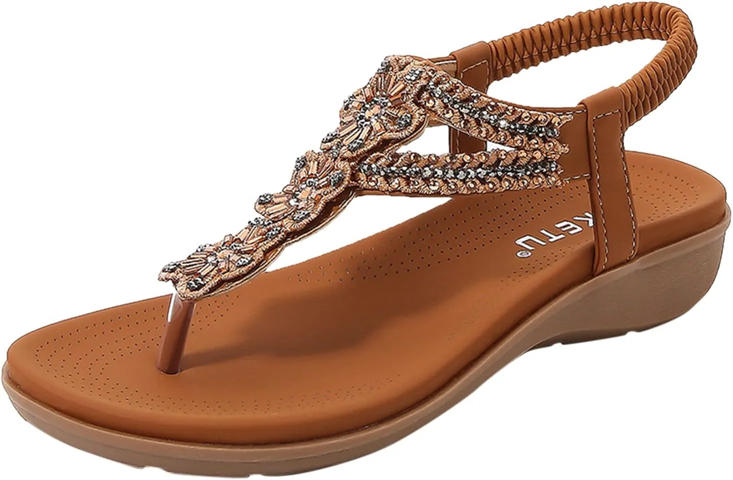 Women's Bohemia Sequins T-strap Flat Sandals Summer Comfortable Flip Flops Beach Thong Sandal Elastic Dress Shoes
