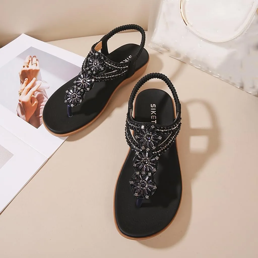 Women's Bohemian Rhinestone T-strap Flat Sandals Summer Comfortable Flipflops Embellished Beach Thong Sandal