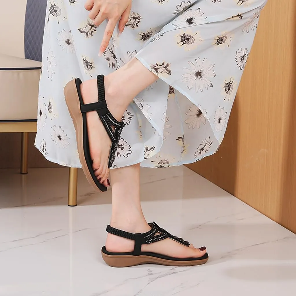 Women's Bohemian Rhinestone T-strap Flat Sandals Summer Comfortable Flipflops Embellished Beach Thong Sandal