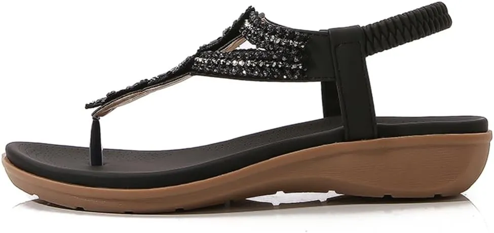 Women's Bohemian Rhinestone T-strap Flat Sandals Summer Comfortable Flipflops Embellished Beach Thong Sandal