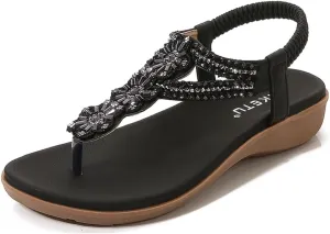 Women's Bohemian Rhinestone T-strap Flat Sandals Summer Comfortable Flipflops Embellished Beach Thong Sandal