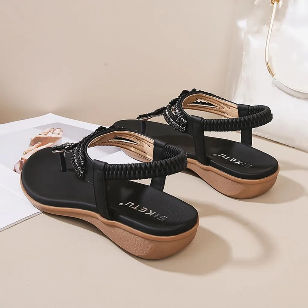 Women's Bohemian Rhinestone T-strap Flat Sandals Summer Comfortable Flipflops Embellished Beach Thong Sandal