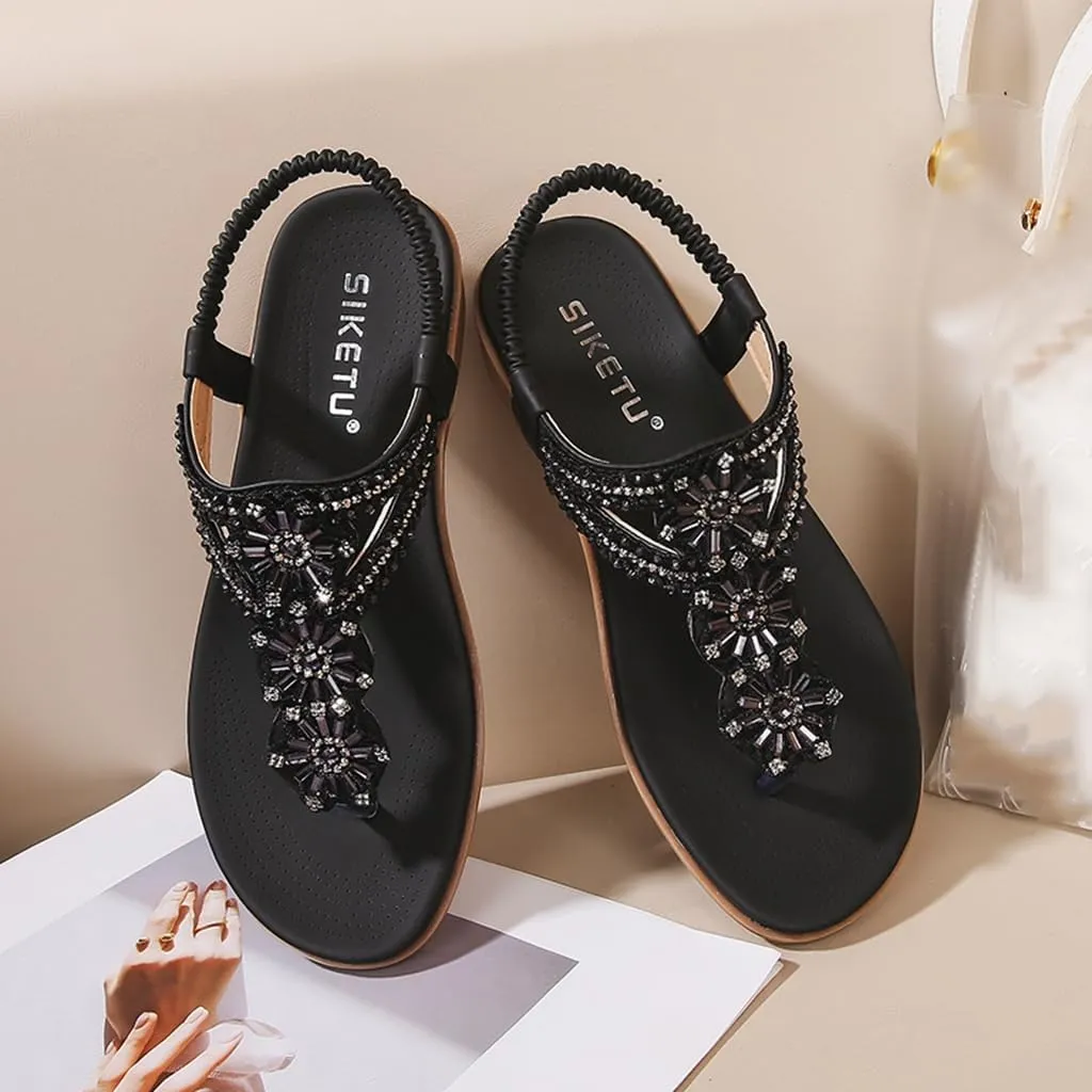 Women's Bohemian Rhinestone T-strap Flat Sandals Summer Comfortable Flipflops Embellished Beach Thong Sandal