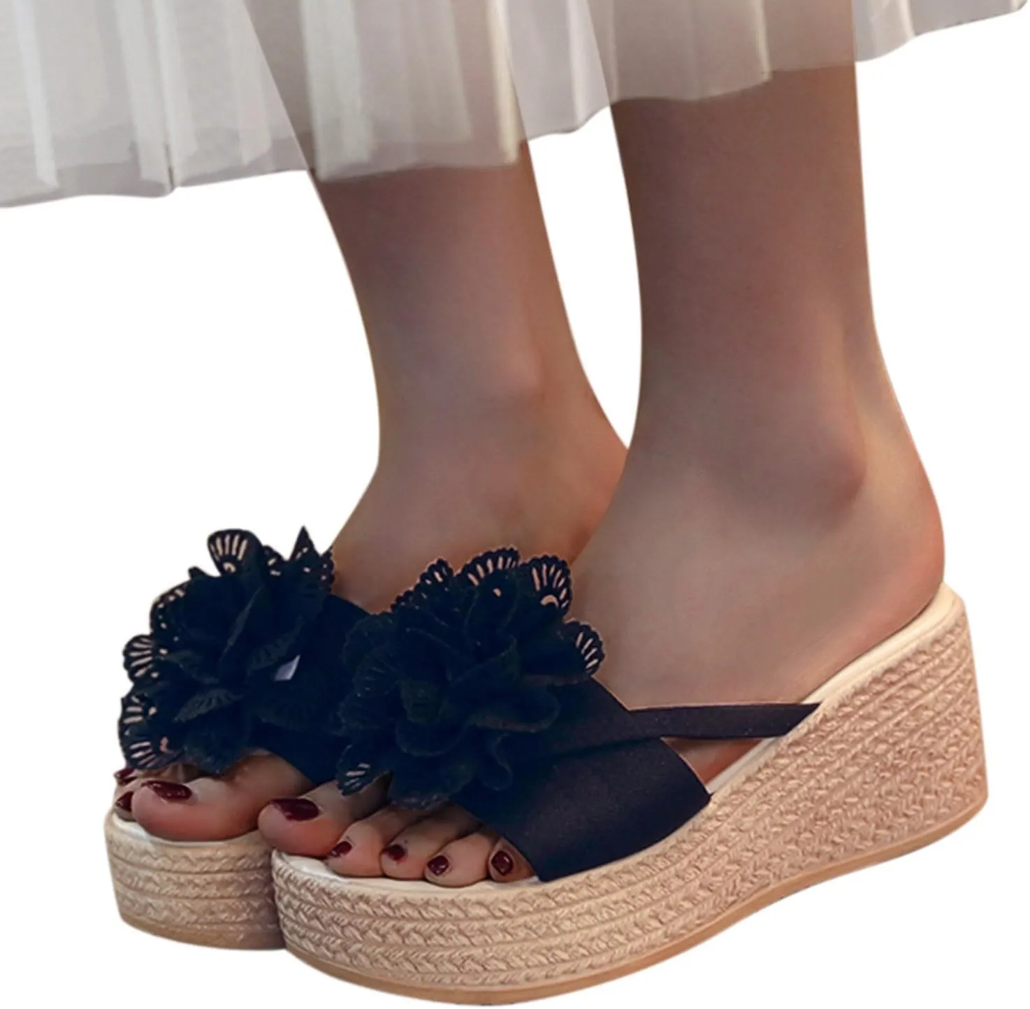 Women's Chunky Wedge Platform Sandals with Arch Support 2025 Summer Fashion Open Toe Woven Flower Casual Slip On Sandals Espadrilles Comfortable Lightweight Platform Wedges Heel Sandal