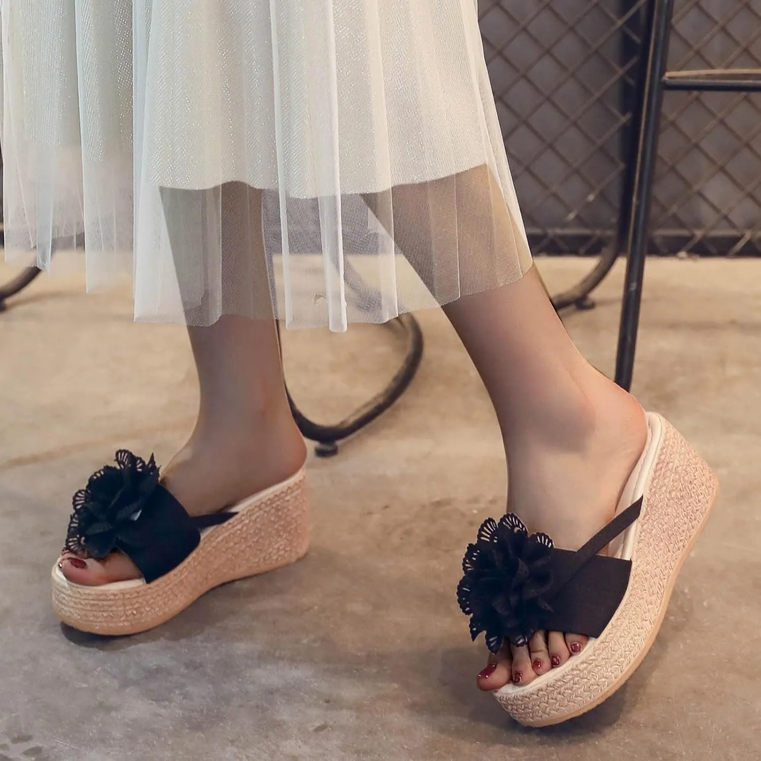 Women's Chunky Wedge Platform Sandals with Arch Support 2025 Summer Fashion Open Toe Woven Flower Casual Slip On Sandals Espadrilles Comfortable Lightweight Platform Wedges Heel Sandal