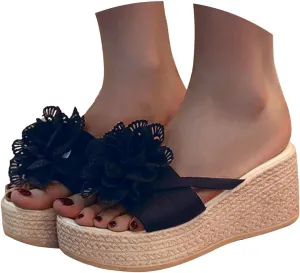 Women's Chunky Wedge Platform Sandals with Arch Support 2025 Summer Fashion Open Toe Woven Flower Casual Slip On Sandals Espadrilles Comfortable Lightweight Platform Wedges Heel Sandal