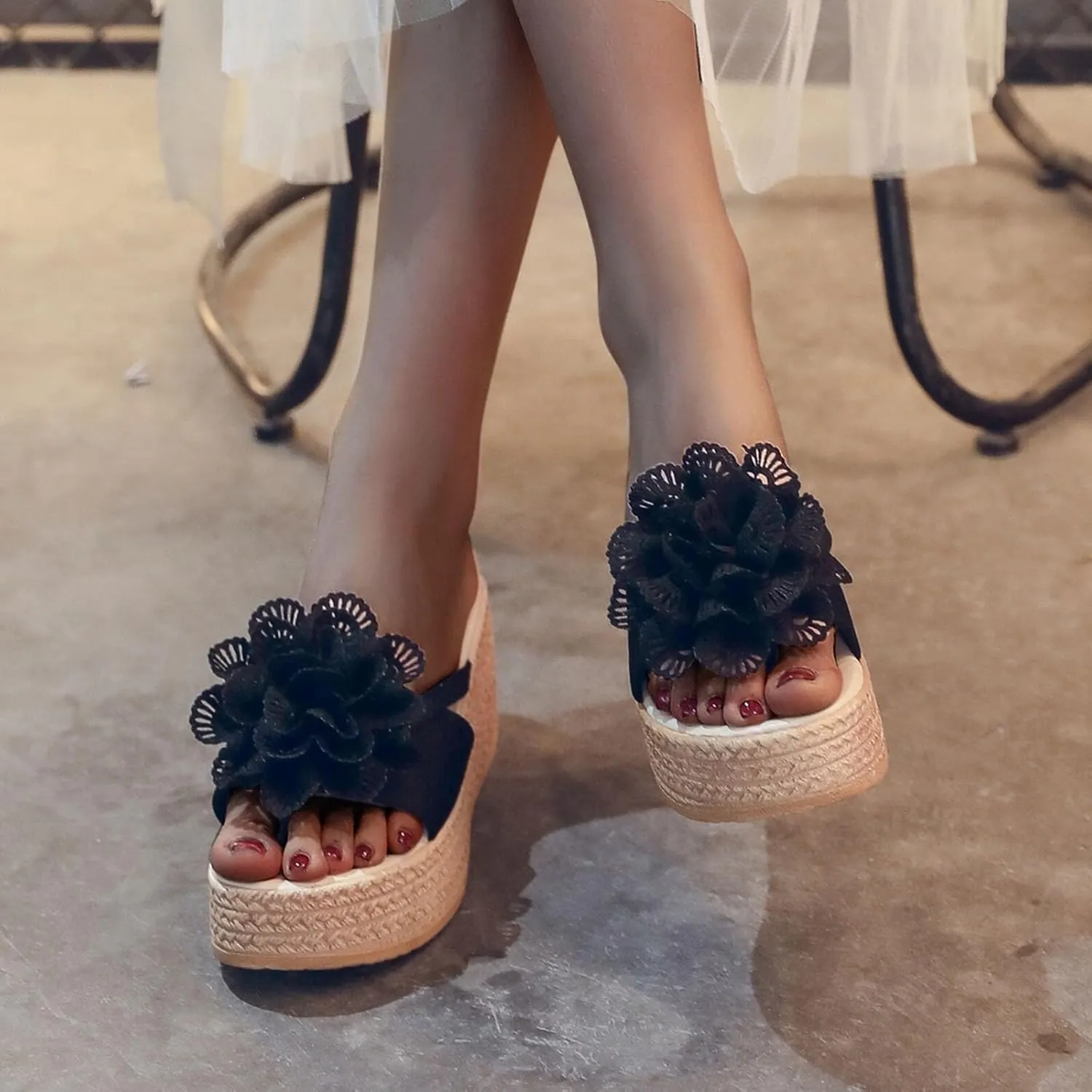Women's Chunky Wedge Platform Sandals with Arch Support 2025 Summer Fashion Open Toe Woven Flower Casual Slip On Sandals Espadrilles Comfortable Lightweight Platform Wedges Heel Sandal