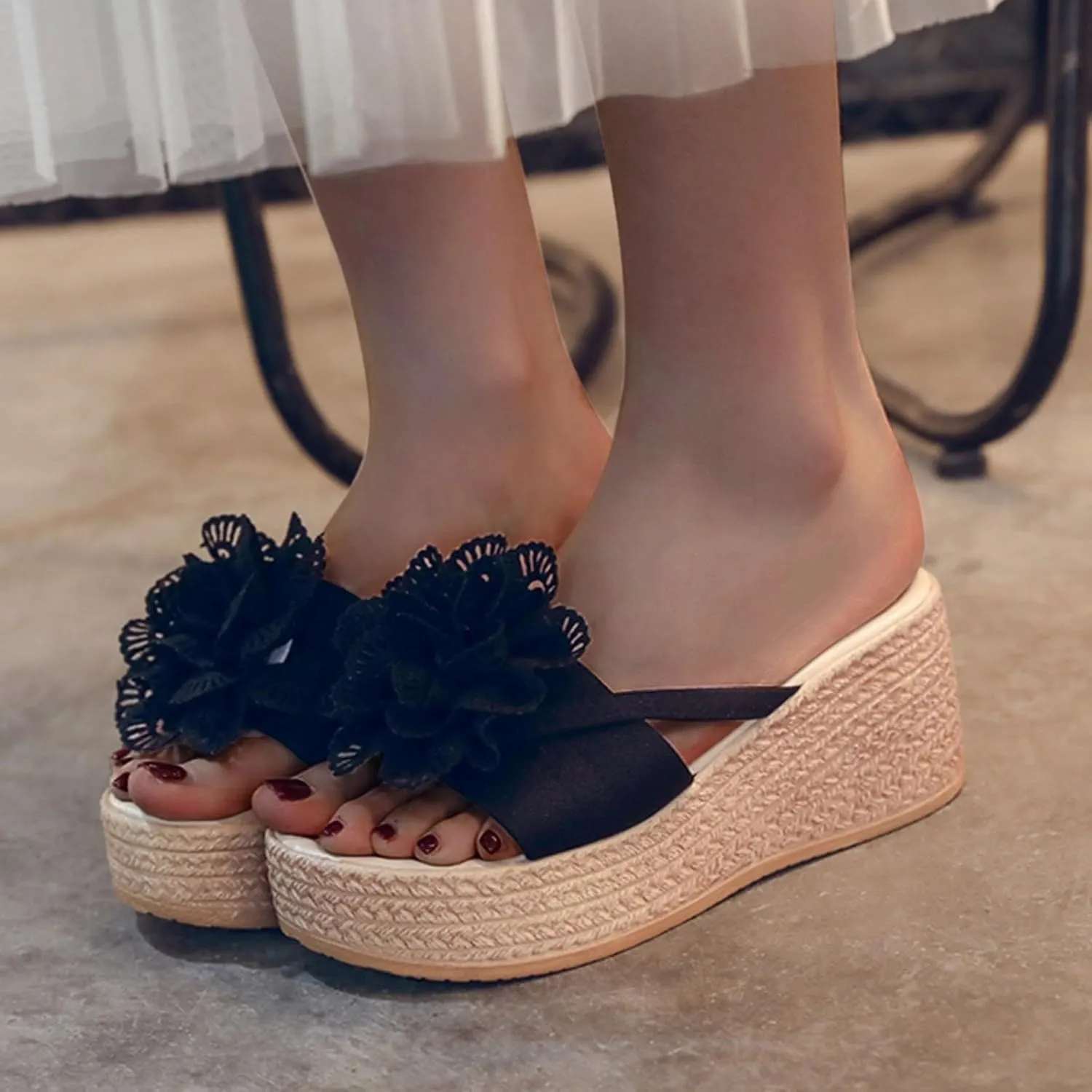 Women's Chunky Wedge Platform Sandals with Arch Support 2025 Summer Fashion Open Toe Woven Flower Casual Slip On Sandals Espadrilles Comfortable Lightweight Platform Wedges Heel Sandal