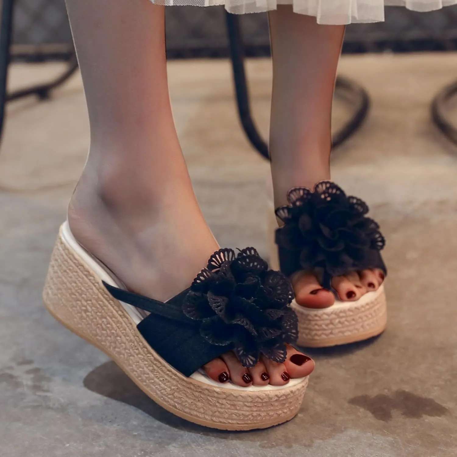 Women's Chunky Wedge Platform Sandals with Arch Support 2025 Summer Fashion Open Toe Woven Flower Casual Slip On Sandals Espadrilles Comfortable Lightweight Platform Wedges Heel Sandal
