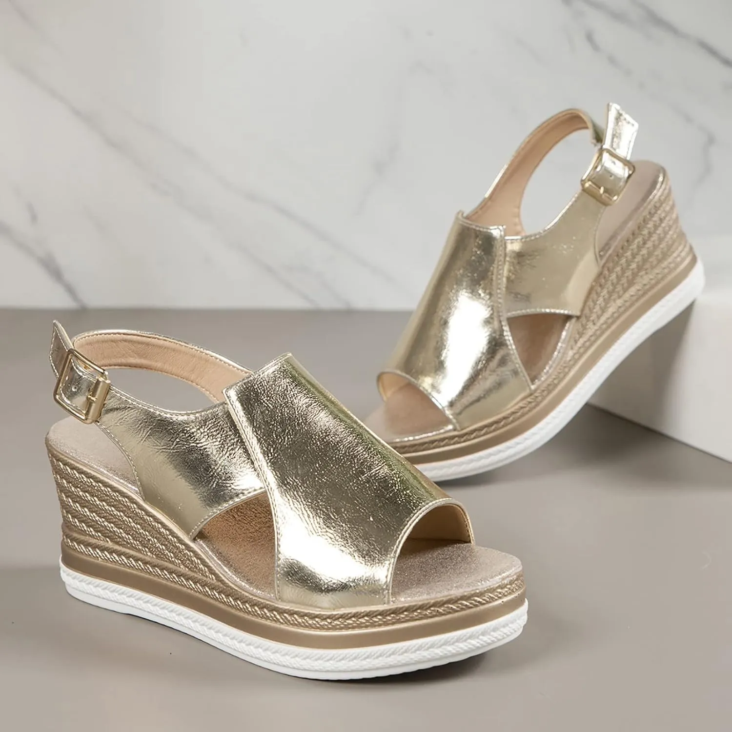 Womens Espadrille Wedge Sandals Open Toe Platform Fish Mouth Silver Ankle Strap Slingback Summer Dress Shoes Rhinestone Wide