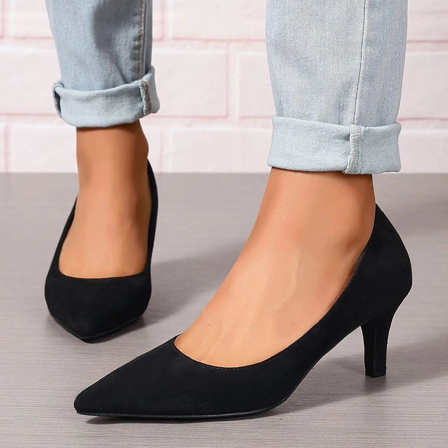 Women's Kitten Heels Dress Shoes Pointed Toe Suede Pumps Mid Heel Comfortable Slip On Party Dress Shoes