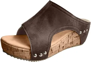 Womens Platform Sandals Summer Comfortable Dressy Wedge Slides Sandals Open Toe Casual Slip On Leather Wide Width Sandal Wedding Party Dress Shoe