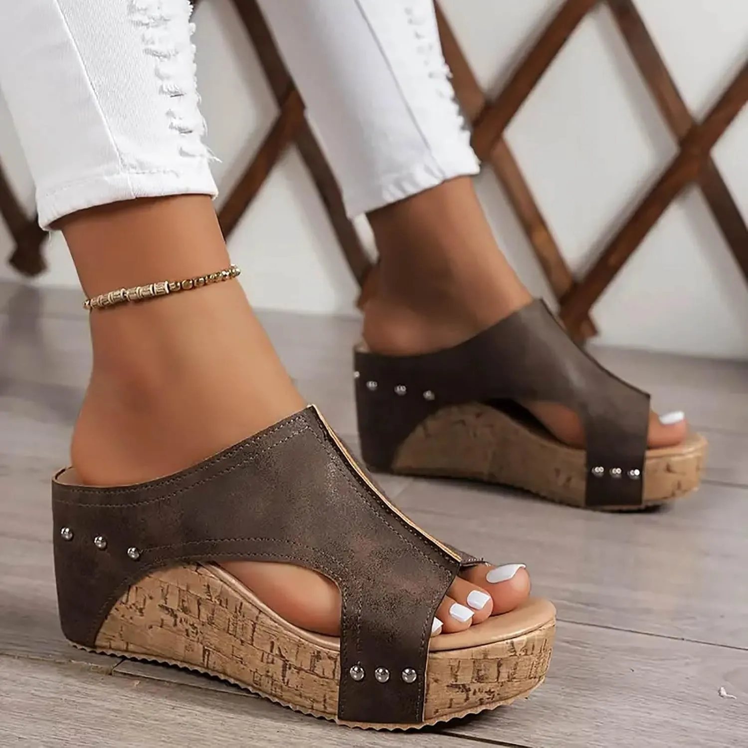 Womens Platform Sandals Summer Comfortable Dressy Wedge Slides Sandals Open Toe Casual Slip On Leather Wide Width Sandal Wedding Party Dress Shoe