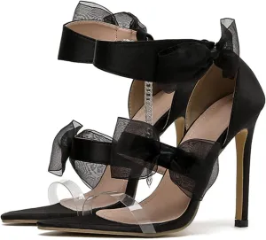 Womens Pointed Open Toe Heeled Sandals Satin Bow Chain Ankle Buckle Stiletto Heel Sandals Mules Shoes Women's High Heel Sandals Summer Dress Pumps Slippers Shoes,Black,6.5