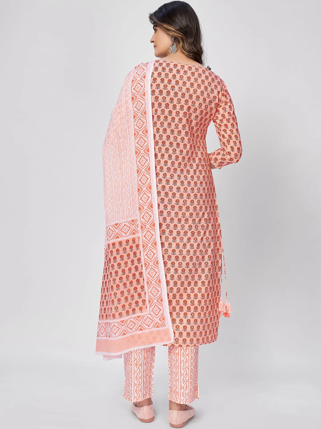 Women'S Printed & Embroidered Straight Cotton Orange Kurta Pant With Dupatta